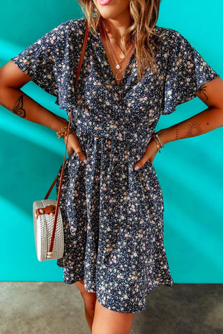 Blue Tie Knot Ruffled Short Sleeve Mini Dress