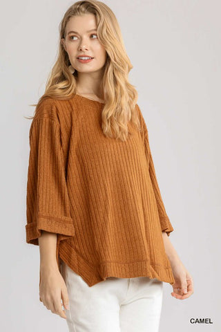 Camel Ribbed High Low Top