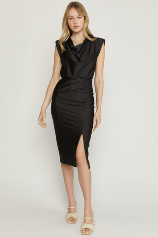 Black Satin Cowl Neck Dress