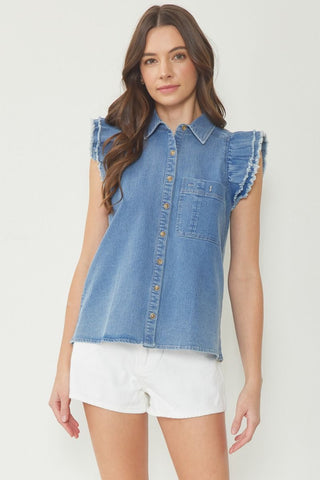 Denim Ruffle Sleeve Top