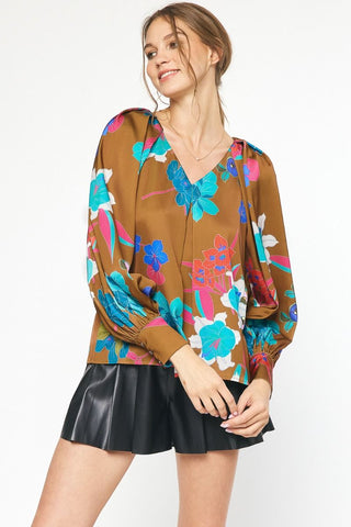 Camel Satin Floral Print Top