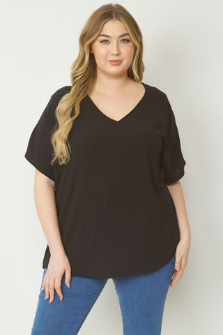 Black Solid V-Neck Top