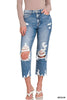 High Rise Tattered Straight Cropped Denim Pants