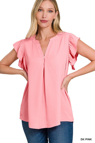 Dark Pink Ruffled Sleeve High-Low SS Top