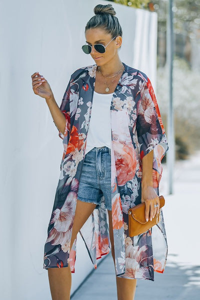 Casual Floral Print Open Front Cover Ups