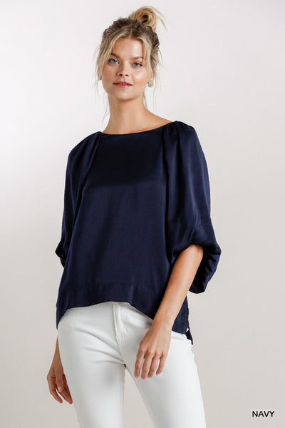 Navy Washed Satin Top