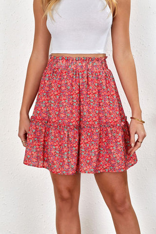 Red Floral Print Elastic Waist Skirt