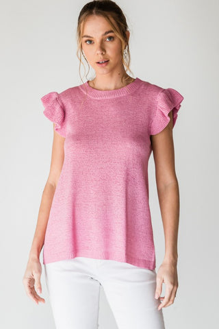 Pink Solid Knit Ruffle Cap Sleeve Top